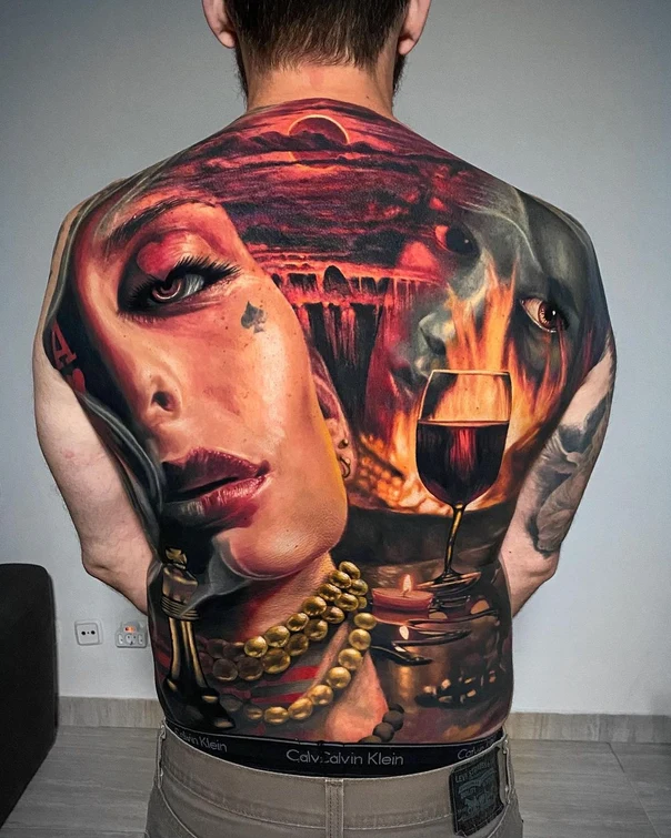 Realism Face, Wine glass tattoo on Full Back
