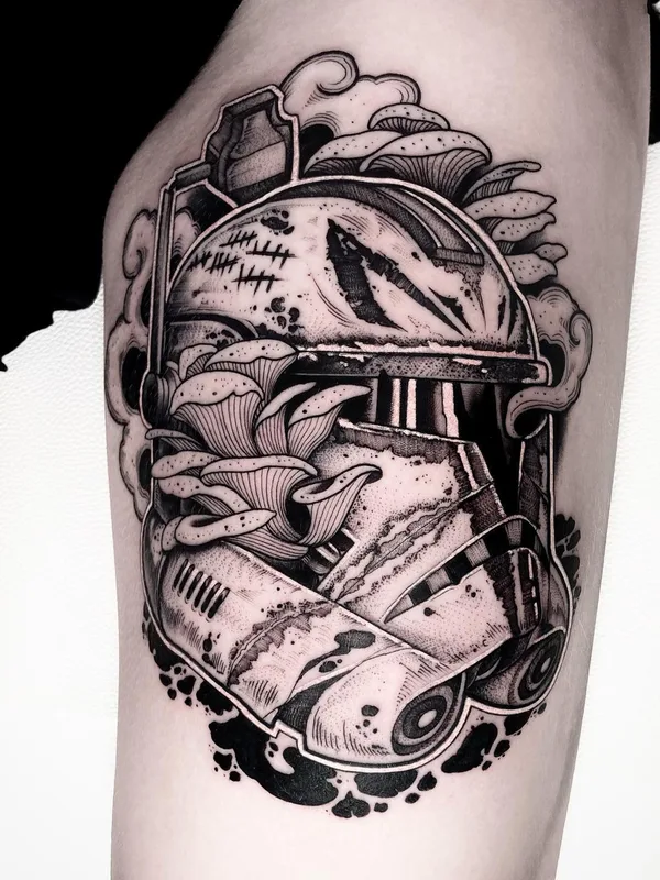 black and grey blackwork tatuaje en thigh #54235 | Tatuador Josh Hurrell
