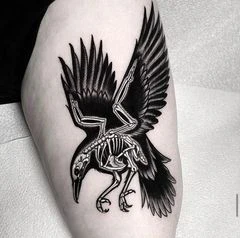 Blackwork Crow, Skeleton tattoo on Thigh