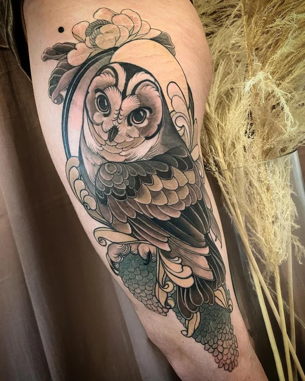 Japanese Owl, Floral tattoo on Thigh
