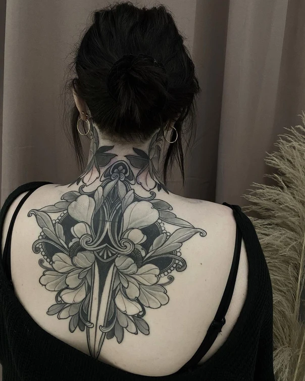 Ornamental Floral, Geometric tattoo on Upper Back
