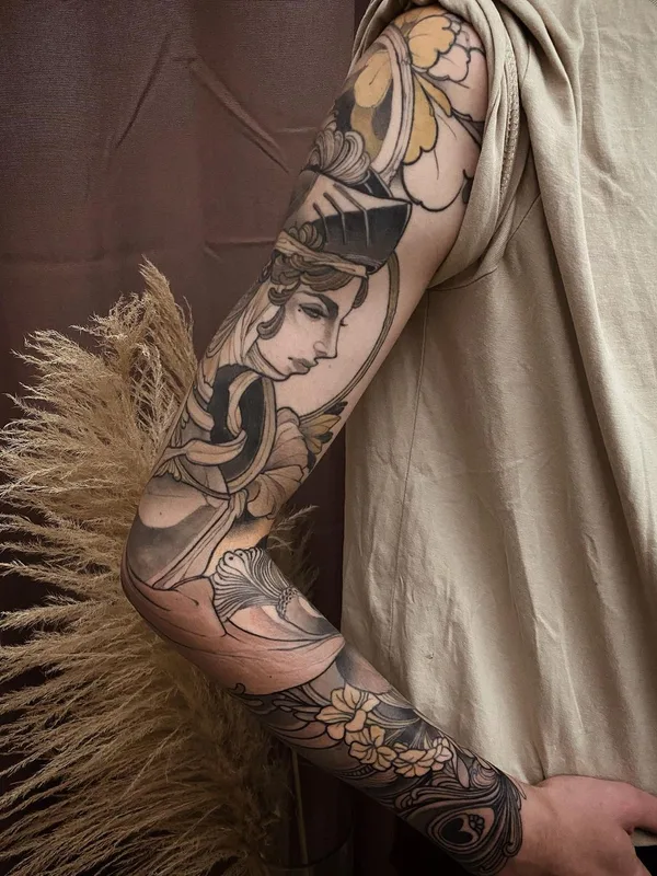 black and grey neo traditional 纹身 在 full sleeve #54282 | 纹身师 Georg Faust