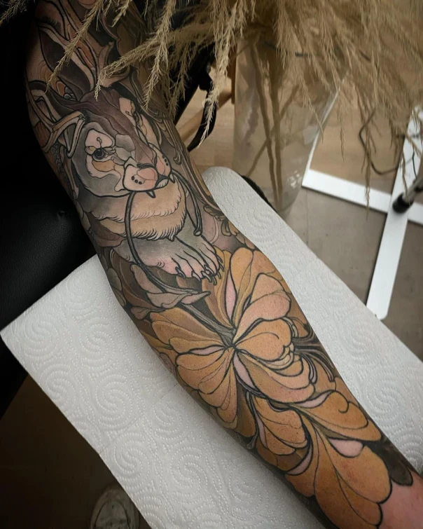 Illustrative Animal, Floral tattoo on Forearm