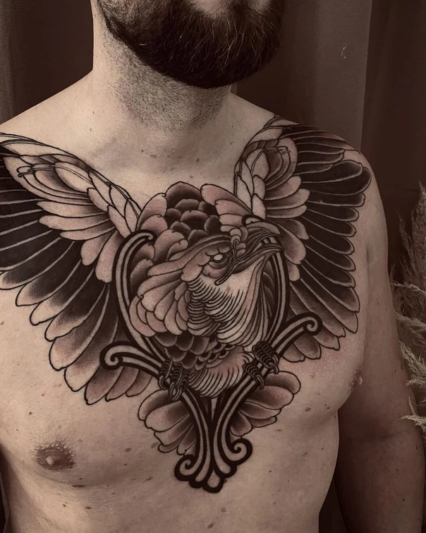 Black & Grey Bird, Wings tattoo on Chest