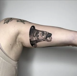 Black & Grey Fish, Portrait tattoo on Bicep