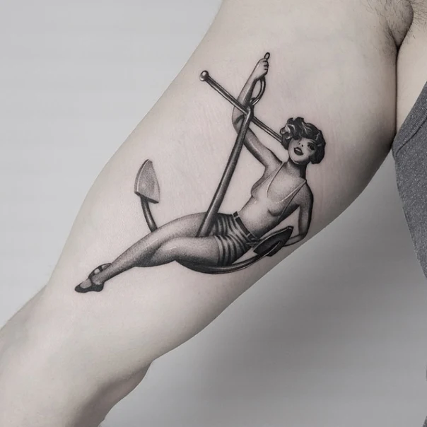 Black & Grey Pin-up, Anchor tattoo on Forearm