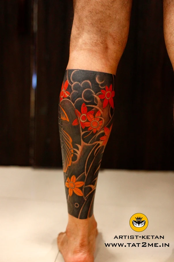 Japanese Koi, Flowers tattoo on Calf