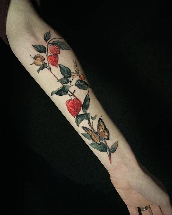 Botanic Flower, Butterfly tattoo on Forearm