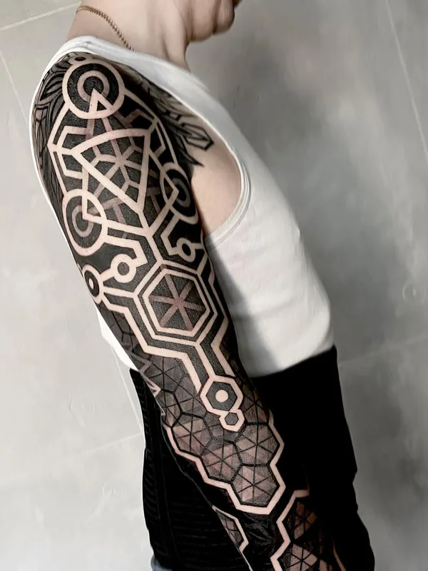 black and grey geometric 纹身 在 full sleeve #54357 | 纹身师 Anton Riakhovski