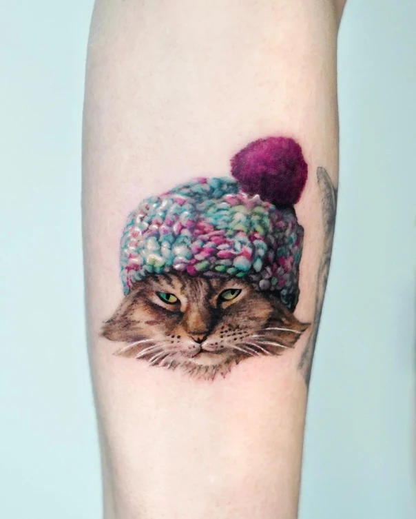 Realism Cat, Hat tattoo on Forearm