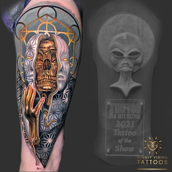 Realism Skull, Face tattoo on Thigh