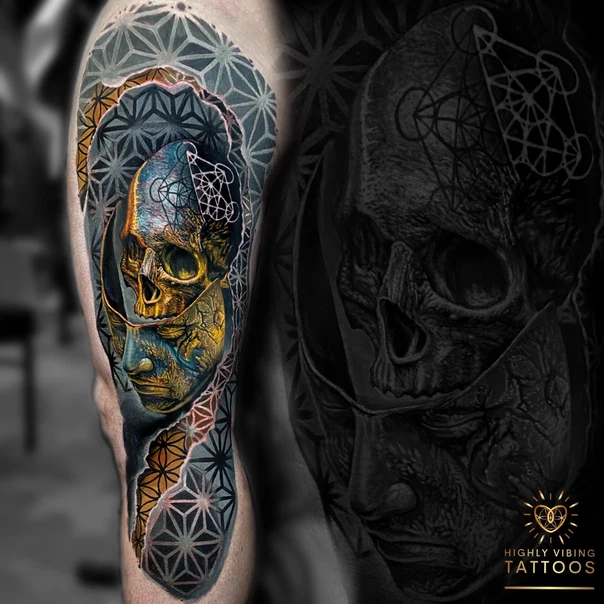 Surrealism Skull, Geometric tattoo on Full Sleeve