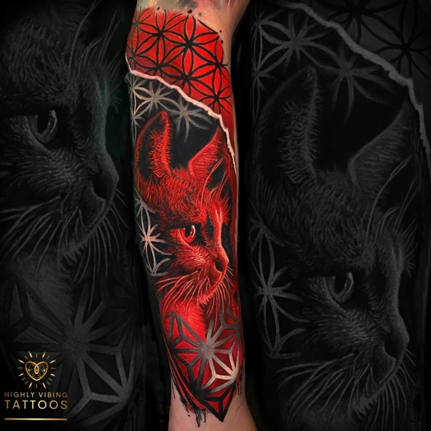 Realism Cat, Sacred geometry tattoo on Full Sleeve