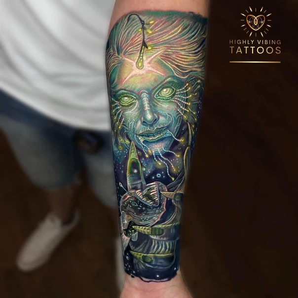 Illustrative Face, Creature tattoo on Full Sleeve
