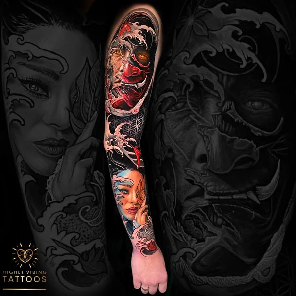 Japanese Mask, Waves tattoo on Full Sleeve