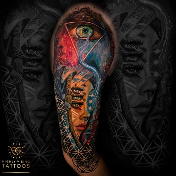 Realism Eye, Face tattoo on Full Sleeve