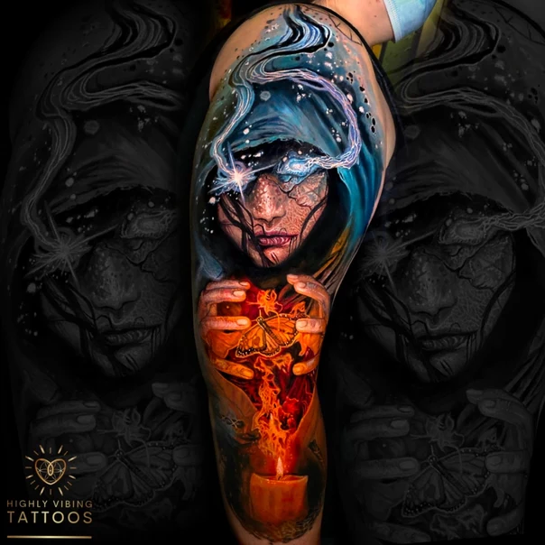 Realism Face, Butterfly tattoo on Full Sleeve