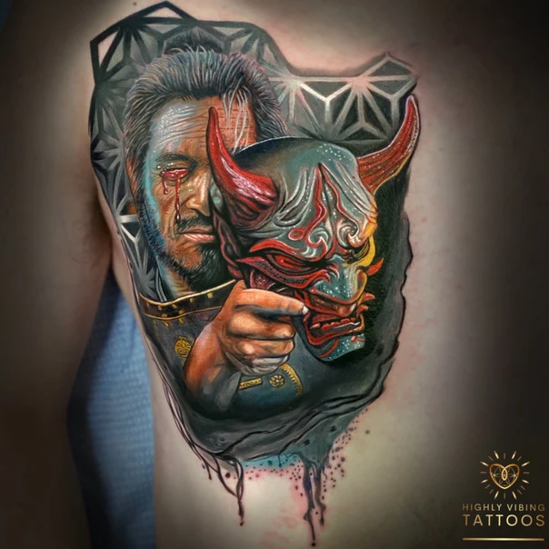 Realism Oni mask, Portrait tattoo on Chest