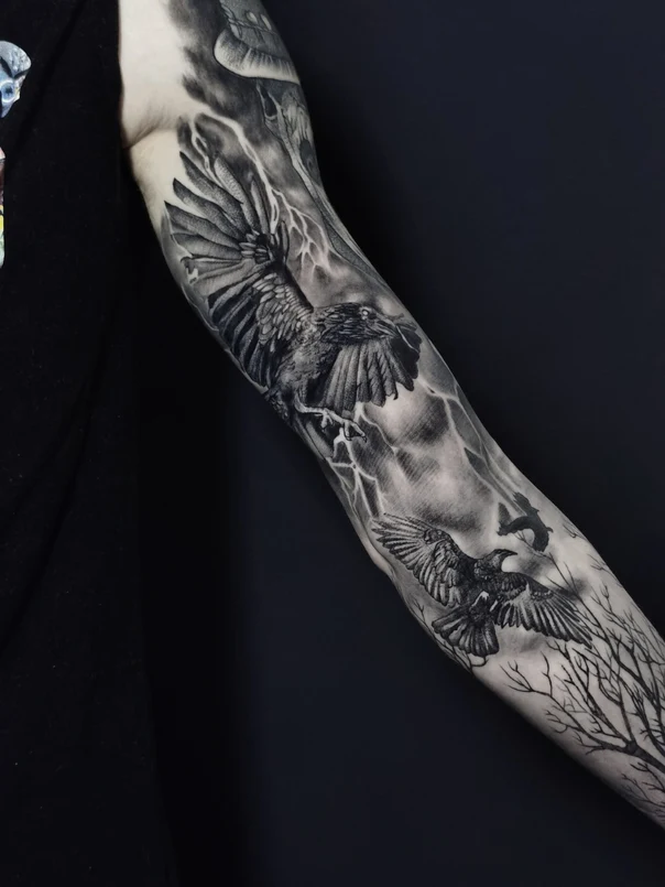 Black & Grey Raven, Lightning tattoo on Full Sleeve