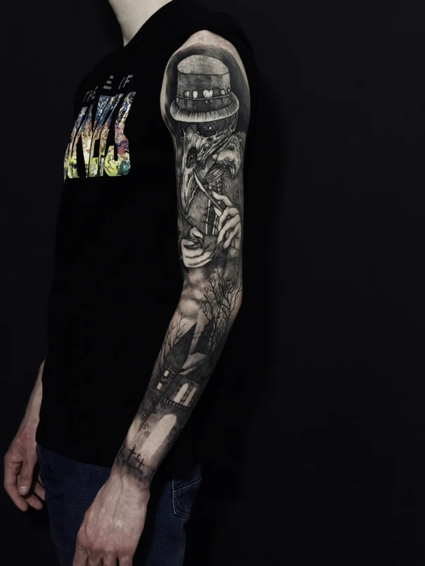 Blackwork Skull, Castle tattoo on Full Sleeve