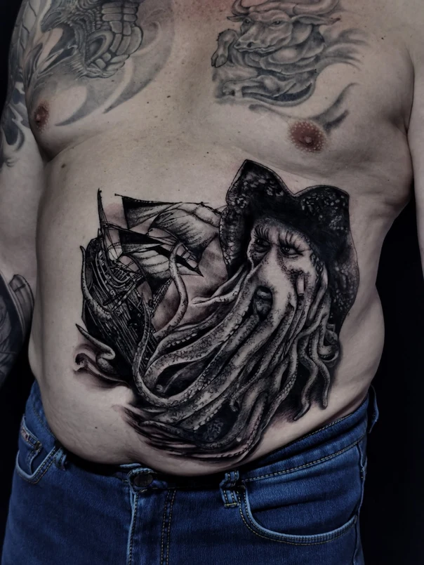 Black & Grey Ship, Octopus tattoo on Stomach