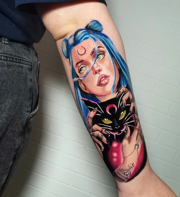 Illustrative Cat, Portrait tattoo on Forearm