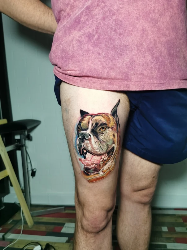 Realism Dog, Animal tattoo on Thigh