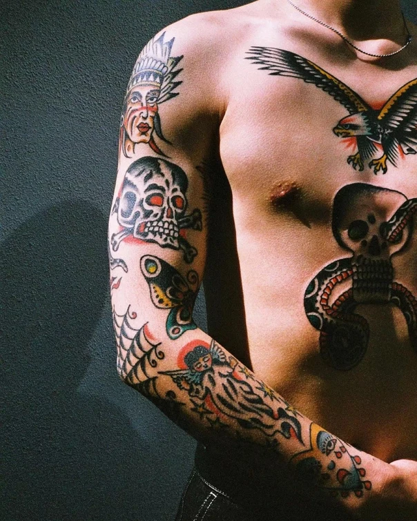 Traditional Skull, Eagle tattoo on Full Sleeve