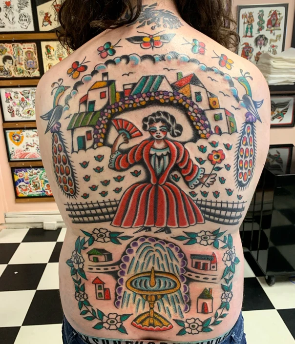 Traditional Peacock, Woman tattoo on Full Back