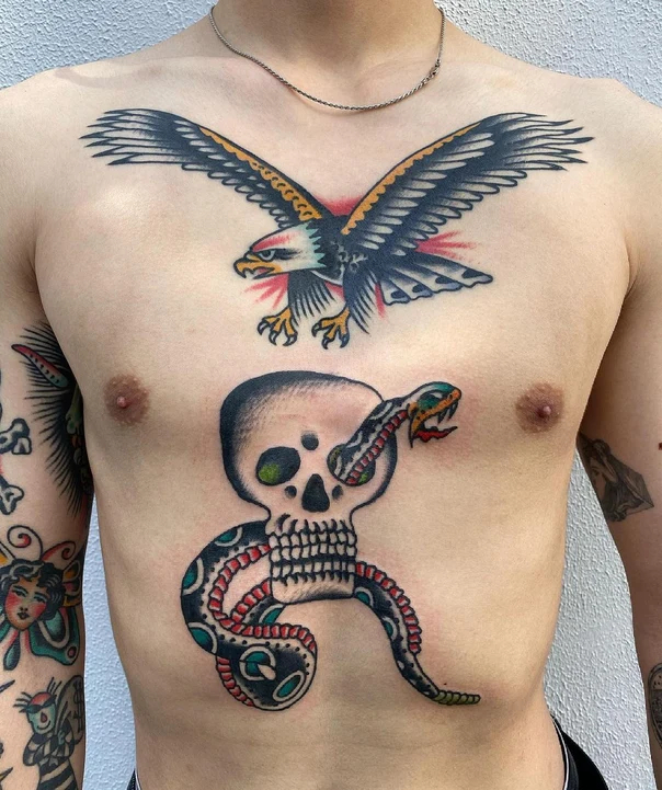 Traditional Eagle, Skull tattoo on Chest