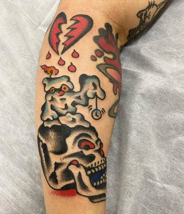 Old School Skull, Heart tattoo on Forearm