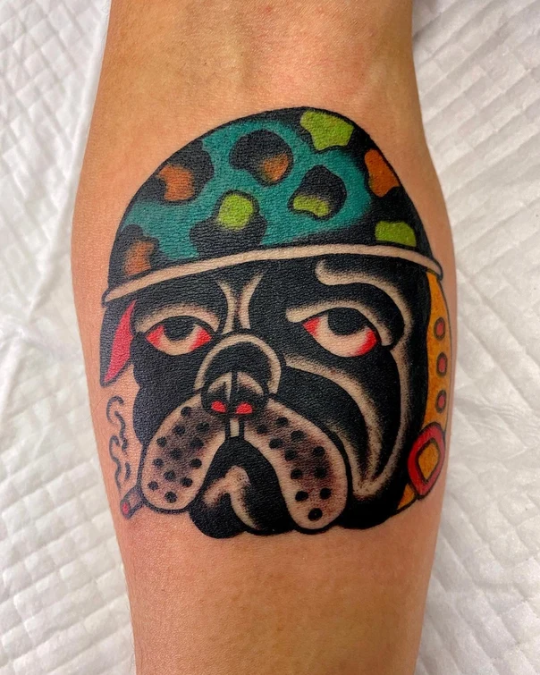 Old School Dog, Helmet tattoo on Forearm