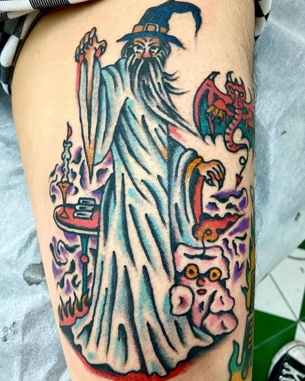 Traditional Wizard, Demon tattoo on Thigh