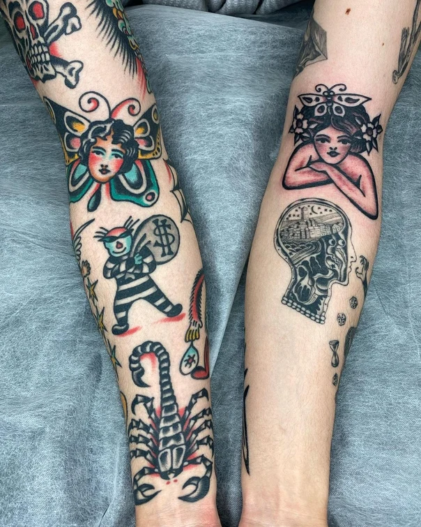 Traditional Butterfly, Skull tattoo on Forearm