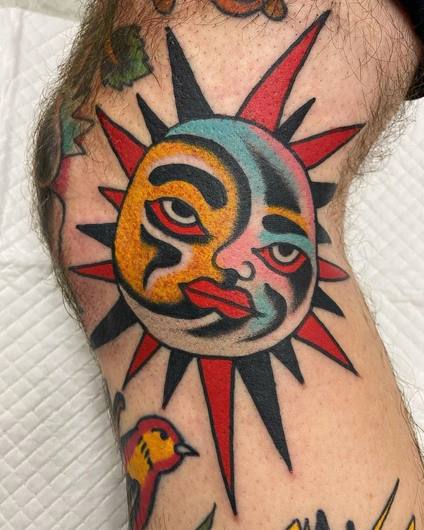 Old School Sun, Moon tattoo on Knee
