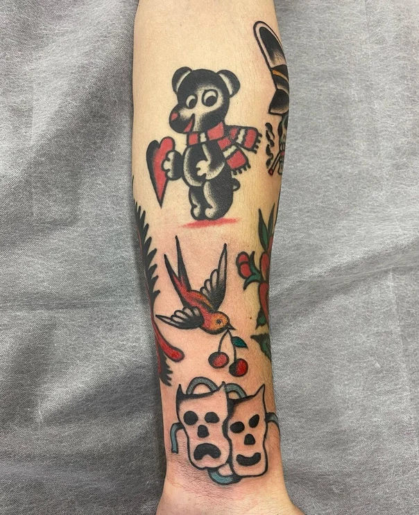 Traditional Bear, Bird tattoo on Forearm