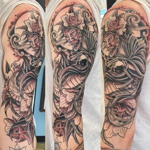 Japanese Demon, Flowers tattoo on Full Sleeve