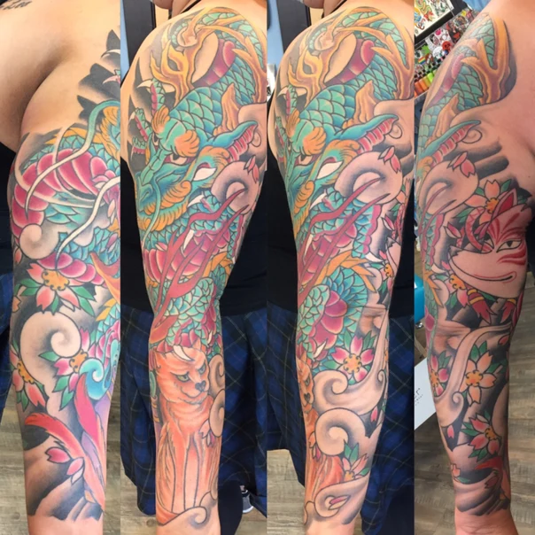 Japanese Dragon, Flowers tattoo on Full Sleeve