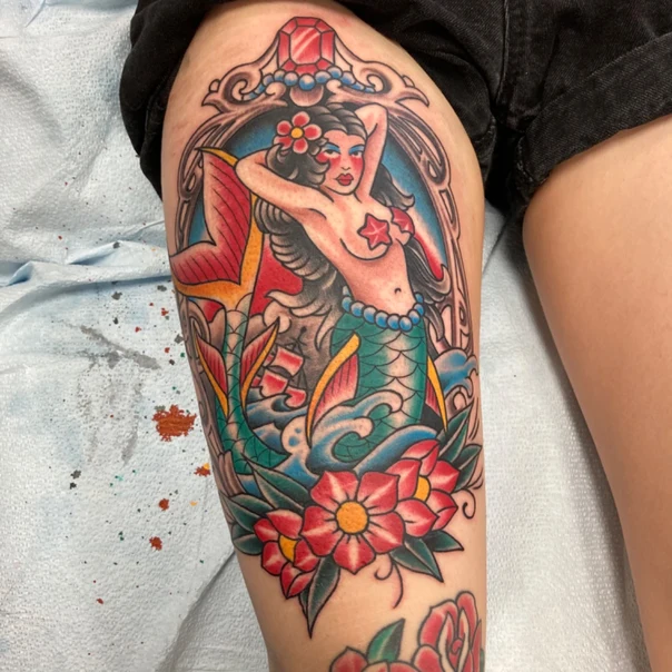 Traditional Mermaid, Flowers tattoo on Thigh