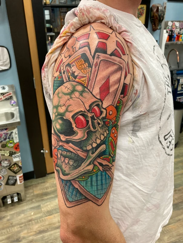 New School Skull, Playing cards tattoo on Full Sleeve