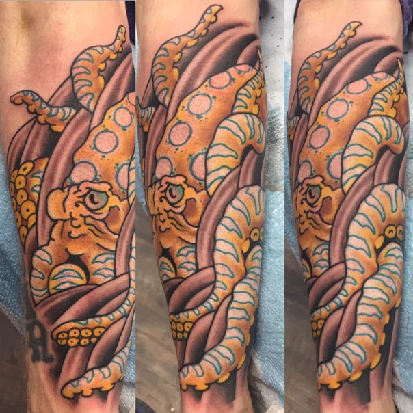 Japanese Octopus, Waves tattoo on Forearm
