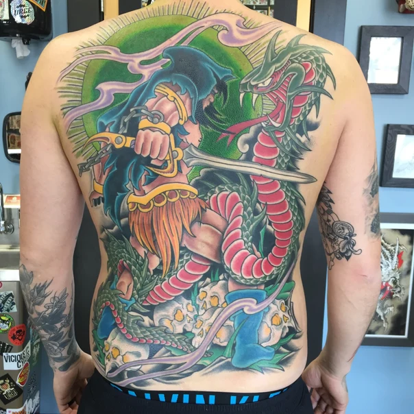 Japanese Warrior, Dragon tattoo on Full Back