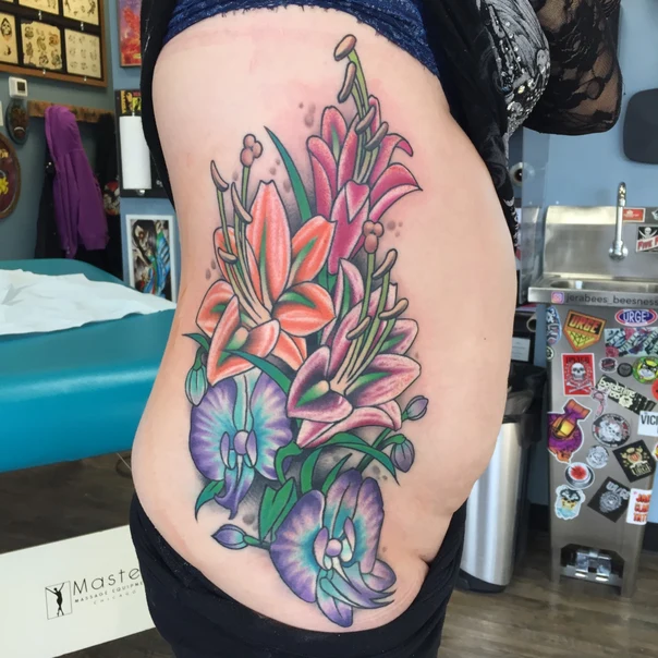 Botanic Flowers, Lilies tattoo on Side