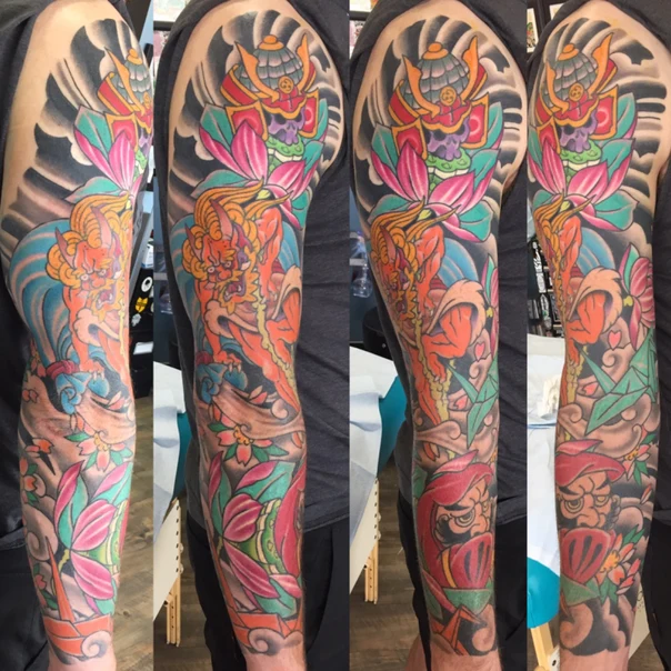 Japanese Samurai, Lotus tattoo on Full Sleeve