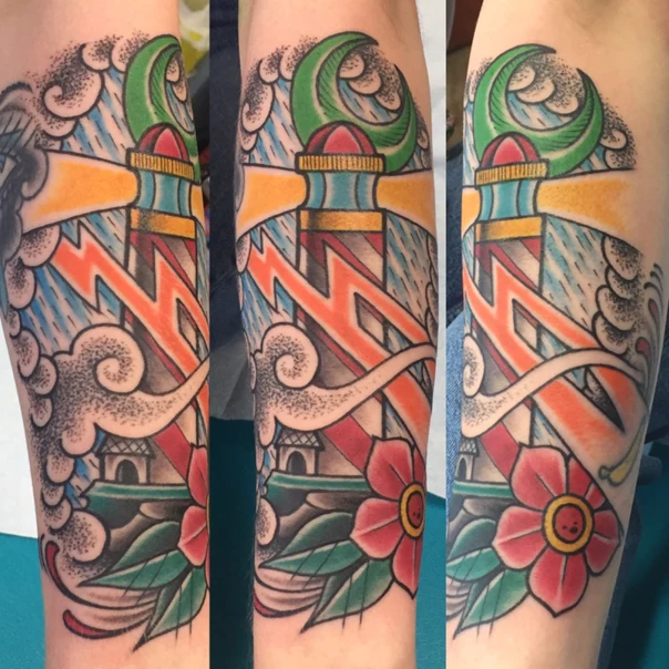 Neo Traditional Lighthouse, Flower tattoo on Forearm