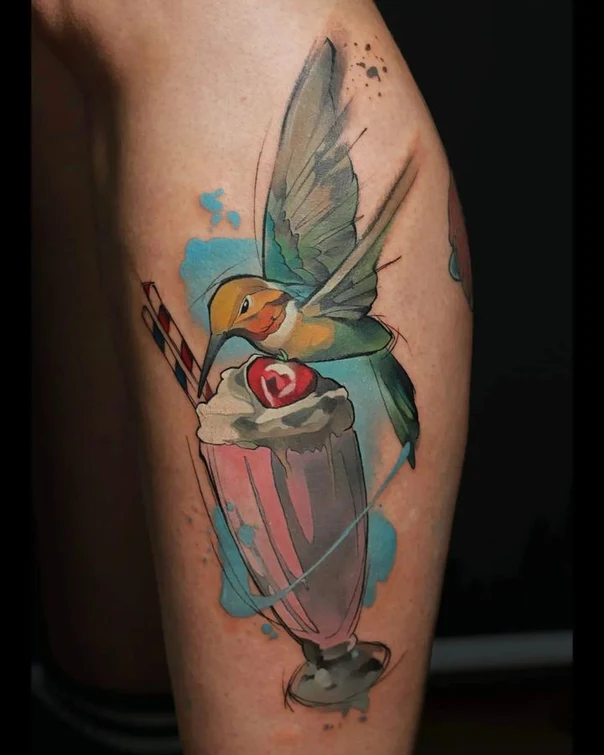 Illustrative Hummingbird, Milkshake tattoo on Thigh