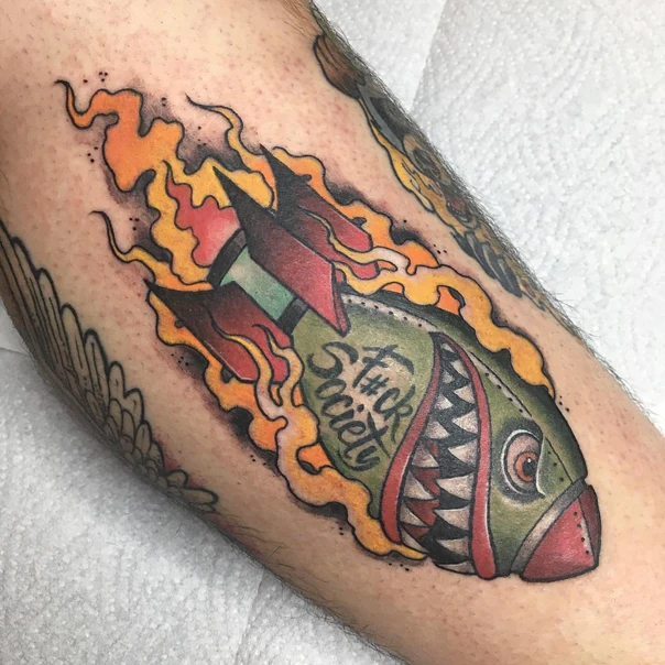 Old School Fish, Bomb tattoo on Forearm