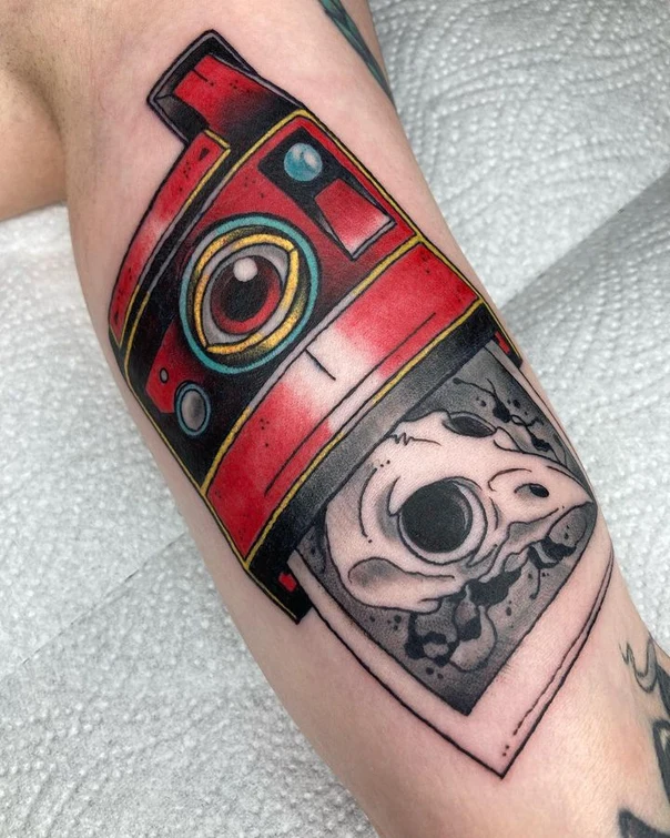 Neo Traditional Camera, Skull tattoo on Forearm