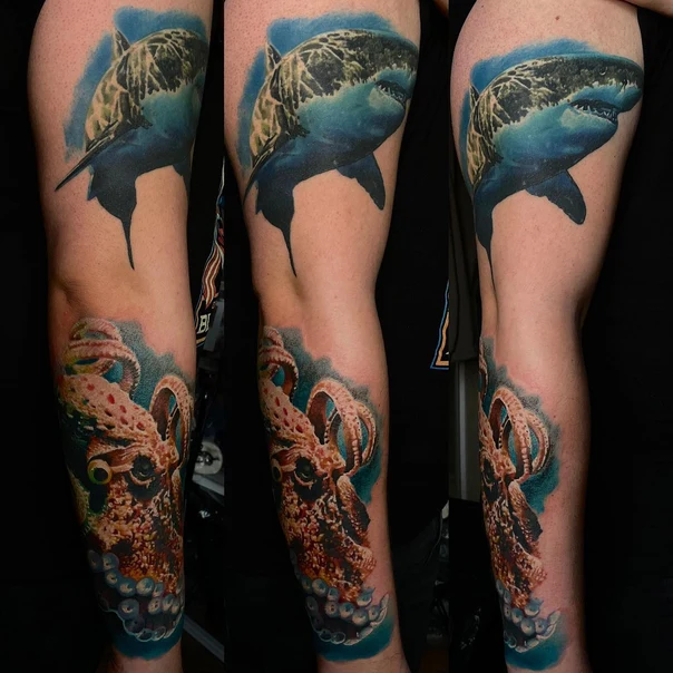 Realism Shark, Octopus tattoo on Forearm