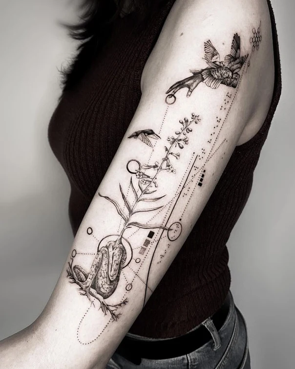 Linework Birds, Botanic tattoo on Forearm